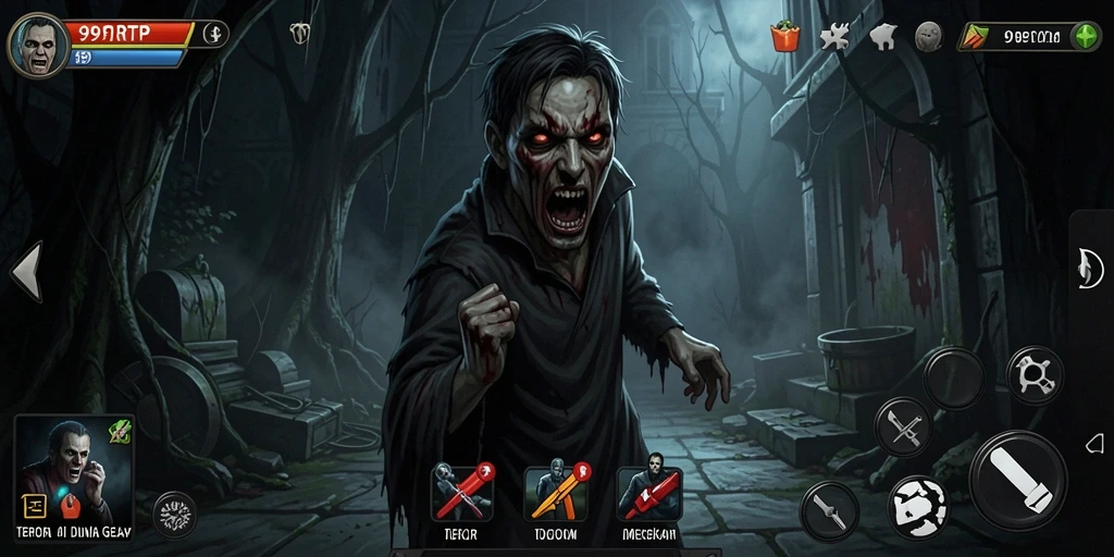 Tampilan gameplay <strong>99RTP</strong> yang penuh dengan elemen horor dan ketakutan.