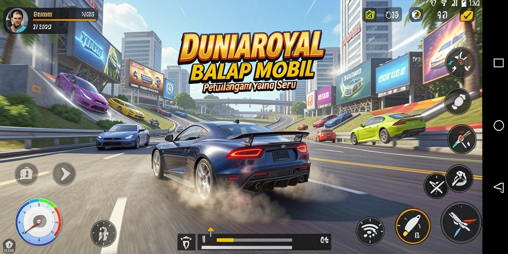 Screenshot DUNIAROYAL menampilkan aksi balapan seru di lintasan yang menantang.