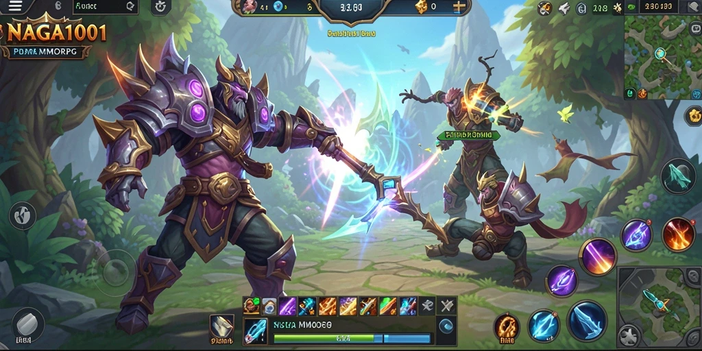 Screenshot utama NAGA1001 menampilkan aksi seru dalam pertempuran MMORPG.