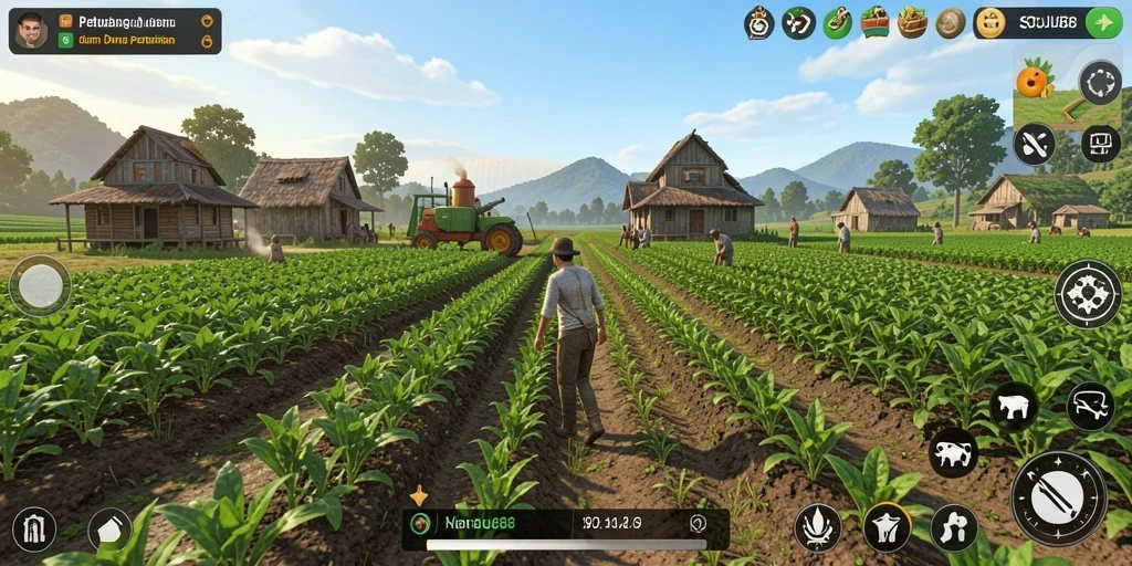Tangkapan layar gameplay SOJU88 menampilkan kebun yang subur dan beragam tanaman.