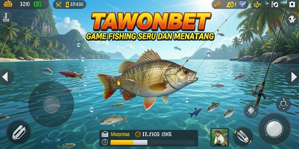 Screenshot gameplay TAWONBET menampilkan aksi memancing di lokasi indah.